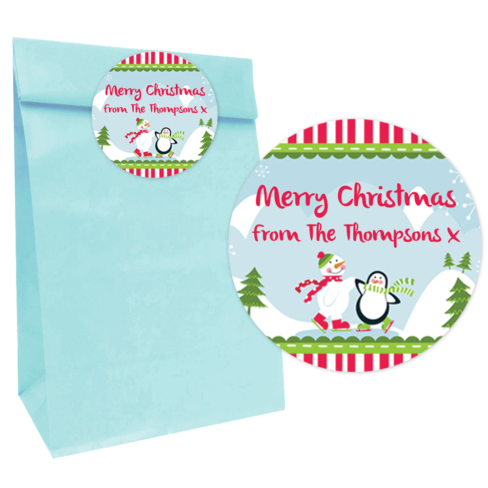 Winter Wonderland Christmas Paper Party Bags with Personalised Round Stickers - Pack of 12