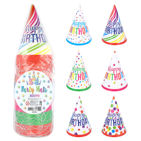 Happy Birthday Party Cone Hats - 6 Assorted Designs - Pack of 144