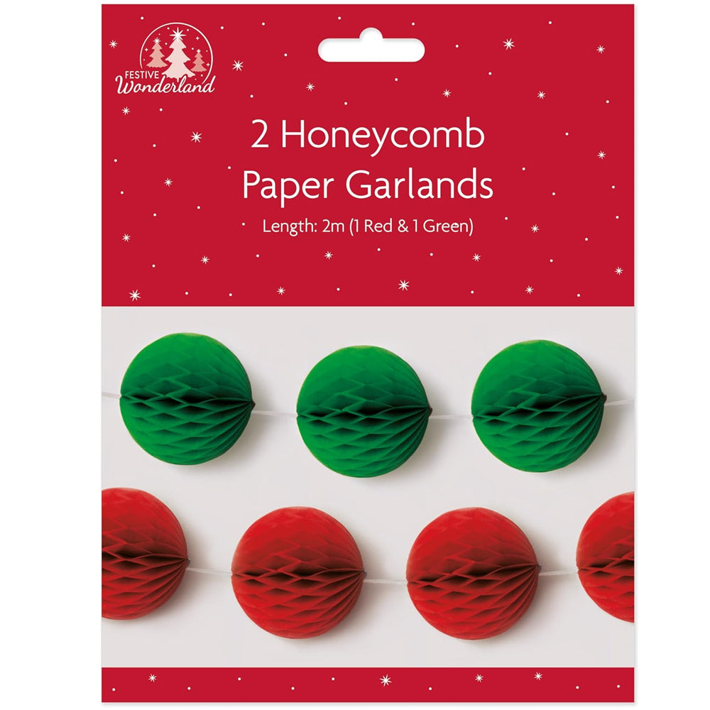 Red and Green Paper Honeycomb Ball Garland - 2m - Pack of 2