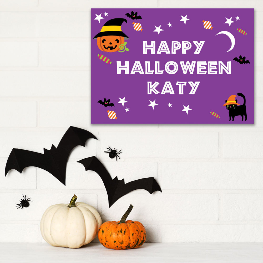 Cat & Pumpkin Halloween Personalised Poster - A3