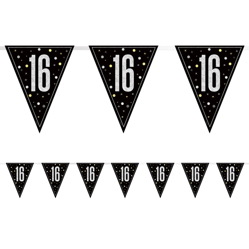 Birthday Glitz Black & Silver 16th Flag Bunting - 2.7m