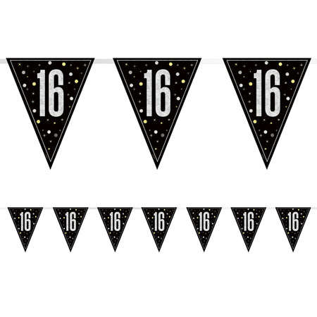 Birthday Glitz Black & Silver 16th Flag Bunting - 2.7m