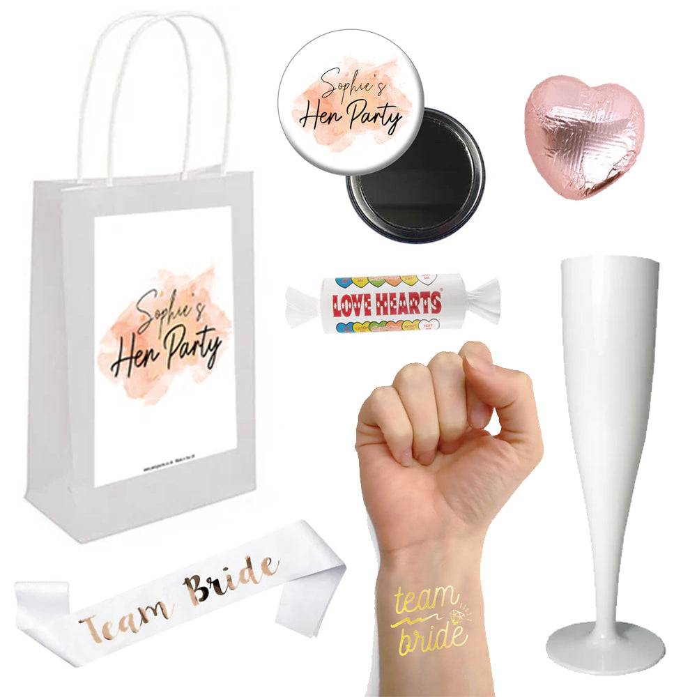 Personalised Blush Hen Party Bags With Contents - 4 Bags and Fillers