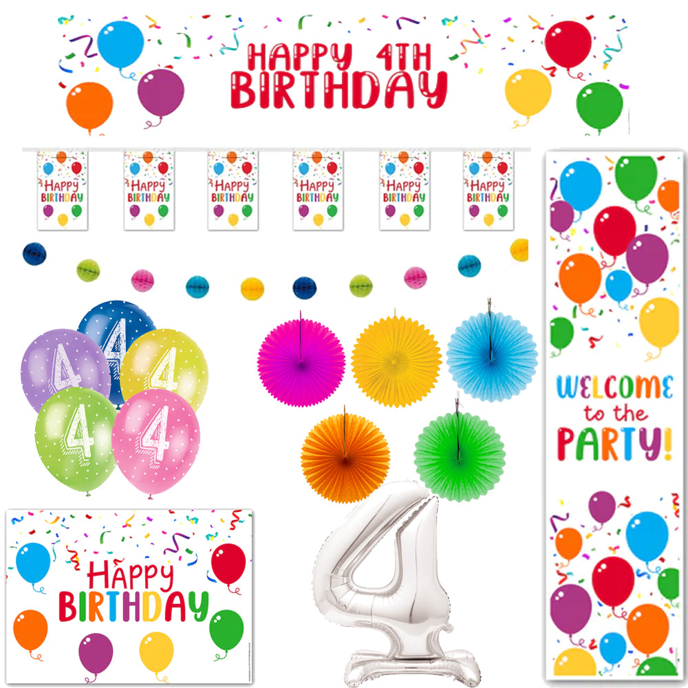 Rainbow Balloons Happy 4th Birthday Decoration Pack – Party Packs