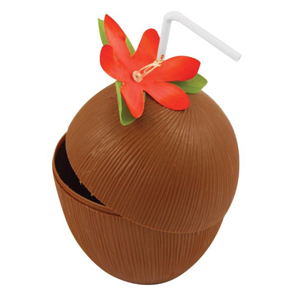 Plastic Coconut Cup With Flower & Straw 16oz – Party Packs